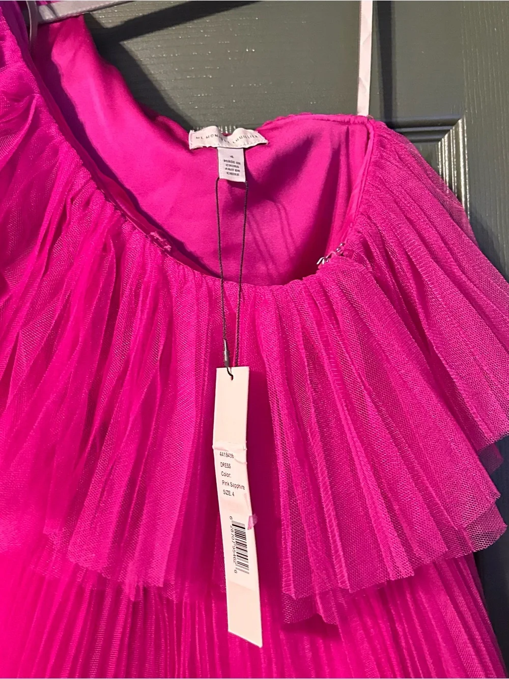 Monique Lhuillier Girls One-Shoulder Ruffle Tulle Dress in Hot Pink